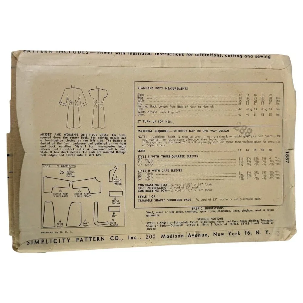 VTG 1946 Simplicity 1887‎ Sewing Pattern Shirtwaist Dress Size 16 Button Front